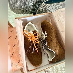 Miu Miu New Balance Brown Suede Sneakers with Orange Laces Size 10.5-11